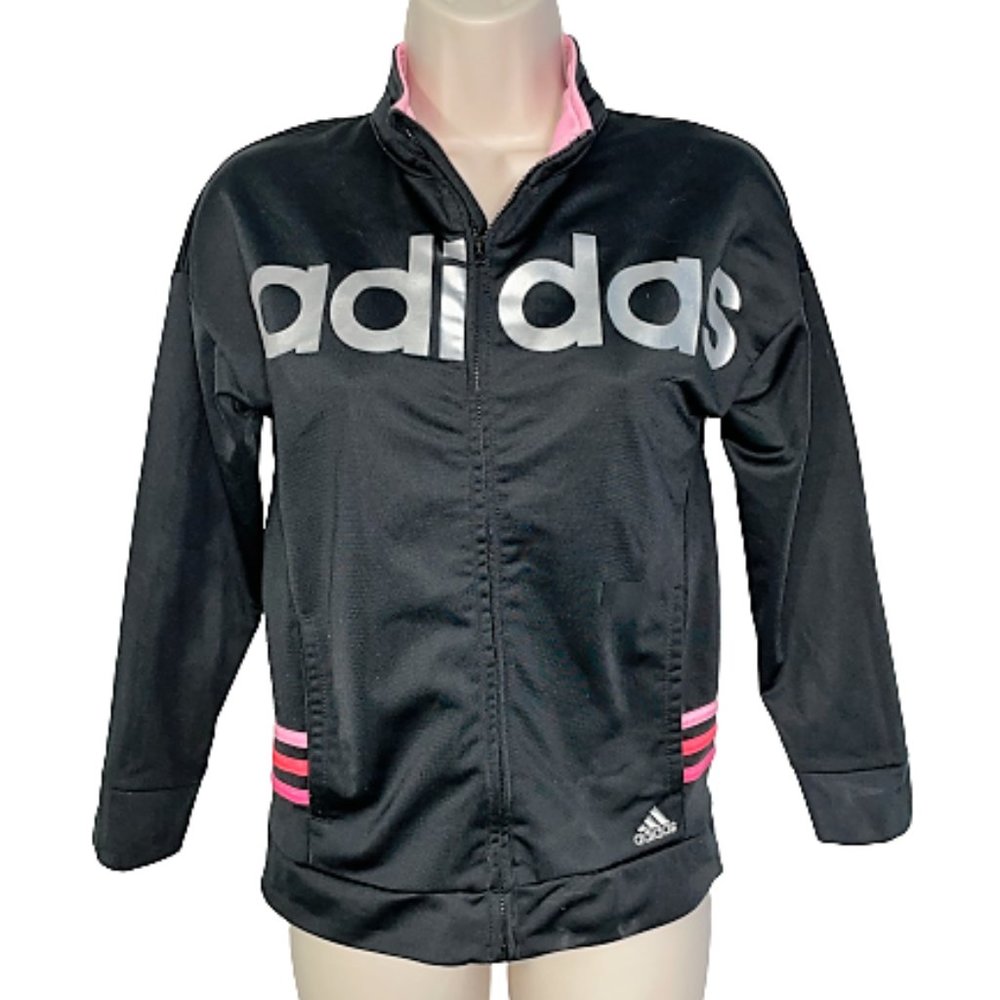 Girls M 10/12 ADIDAS Black Pink Silver LOGO Jacket